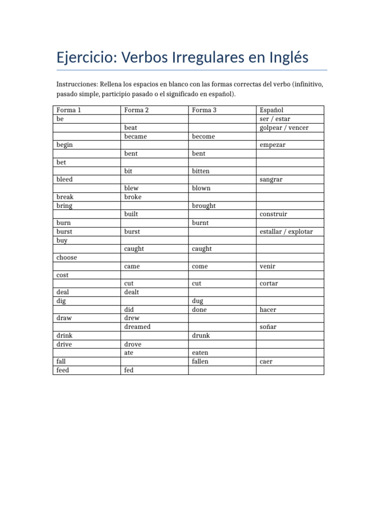 Ejercicios de Verbos Irregulares en Inglés | PDF
