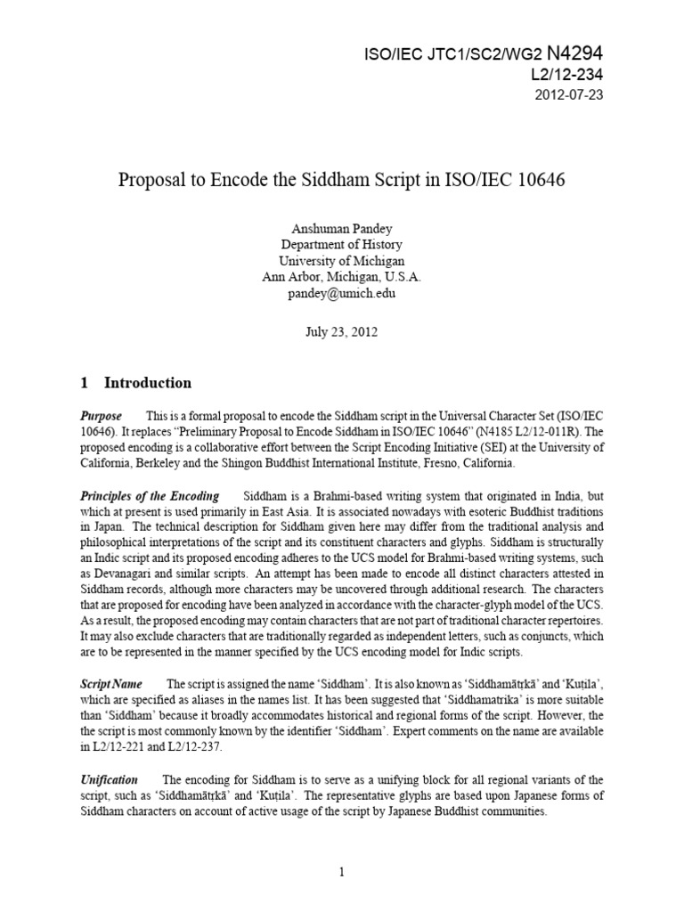 Encoding Proposal for Siddham Script | PDF | Writing | Orthography