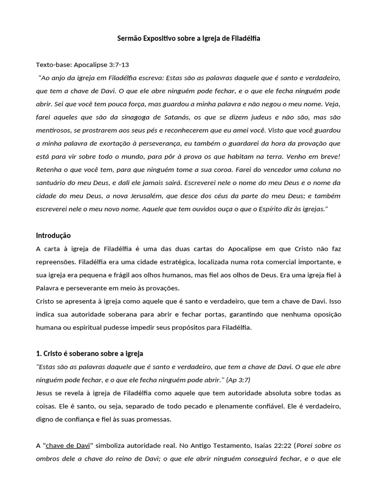 Pregação sobre a Igreja de Filadélfia | PDF | Igreja cristã | Crença e ...