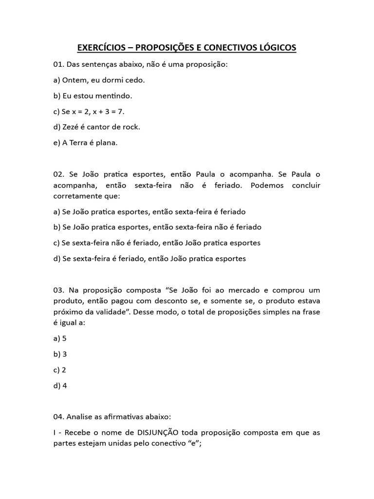 Exercícios sobre Proposições Lógicas | PDF | Proposição | Verdade