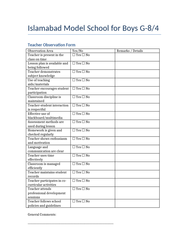 Teacher Observation Form IMSB G8 4 | PDF