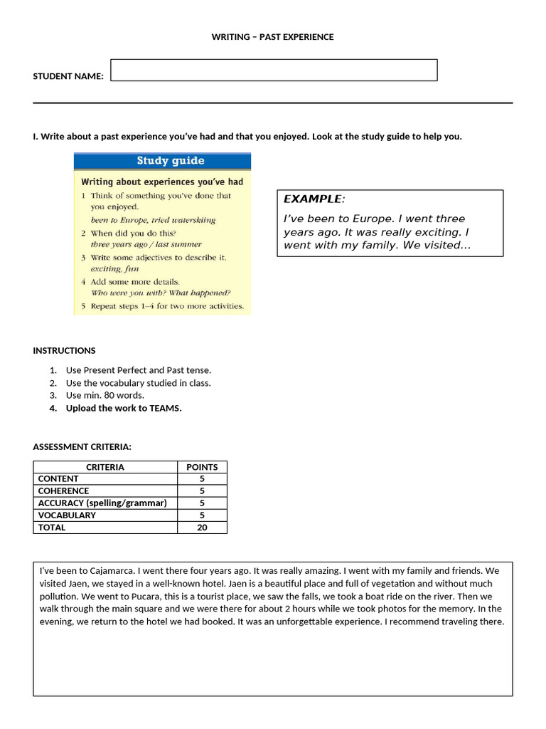 Past Experience Writing Assignment | PDF | Linguistics