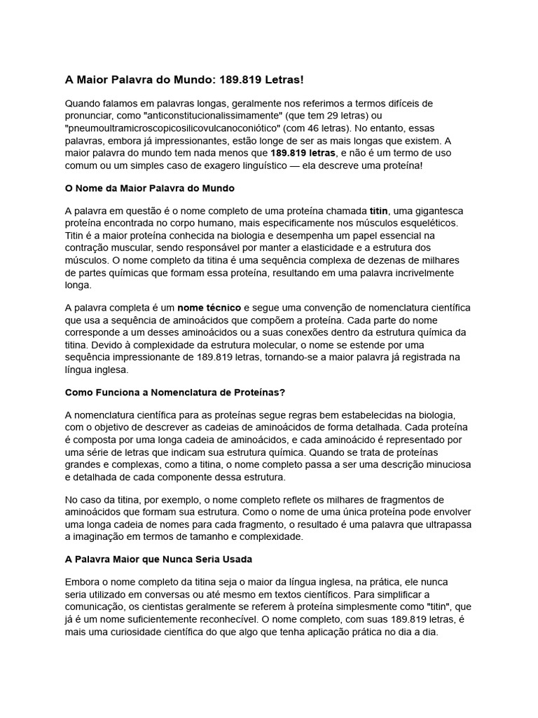 A Maior Palavra: Titina com 189.819 Letras | PDF | Músculo | Proteínas