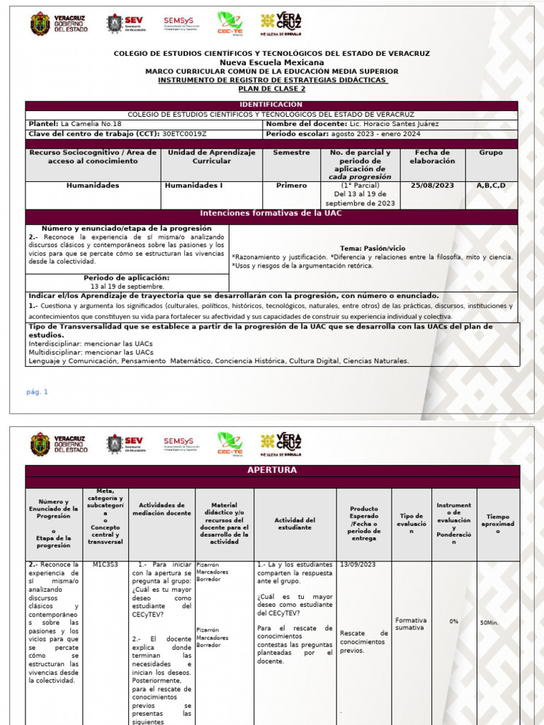 Plan de Clase: Pasión y Vicio en Humanidades | PDF | Aprendizaje | Maestros