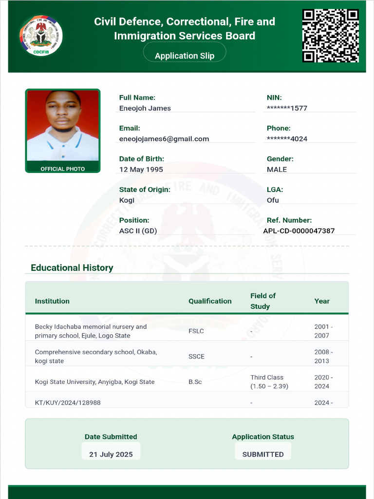 ENEOJOH JAMES Application Slip | PDF