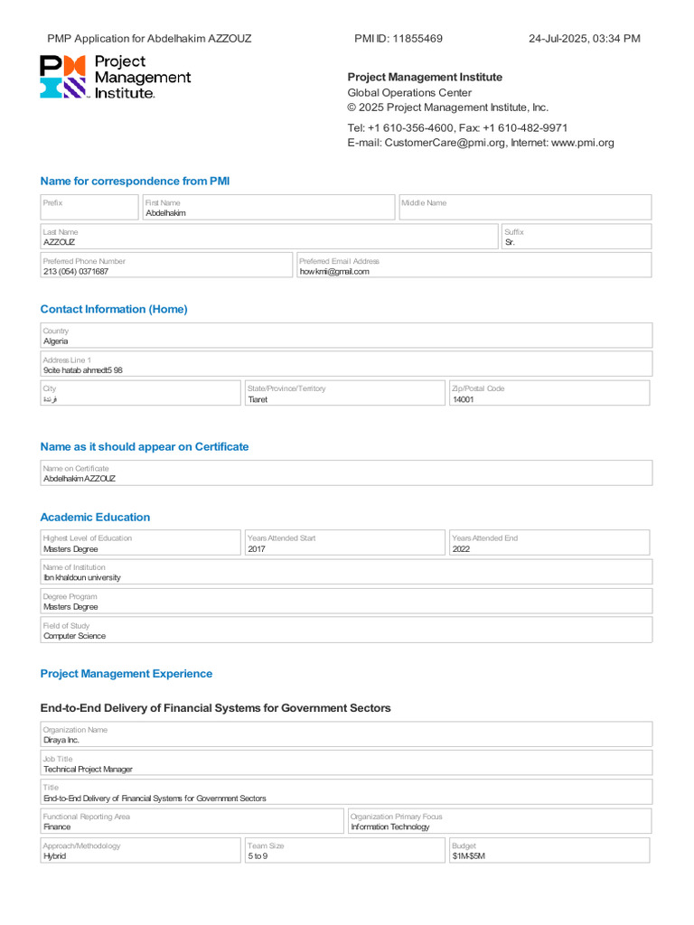 PMP Application for Abdelhakim Azzouz | PDF | Project Management ...