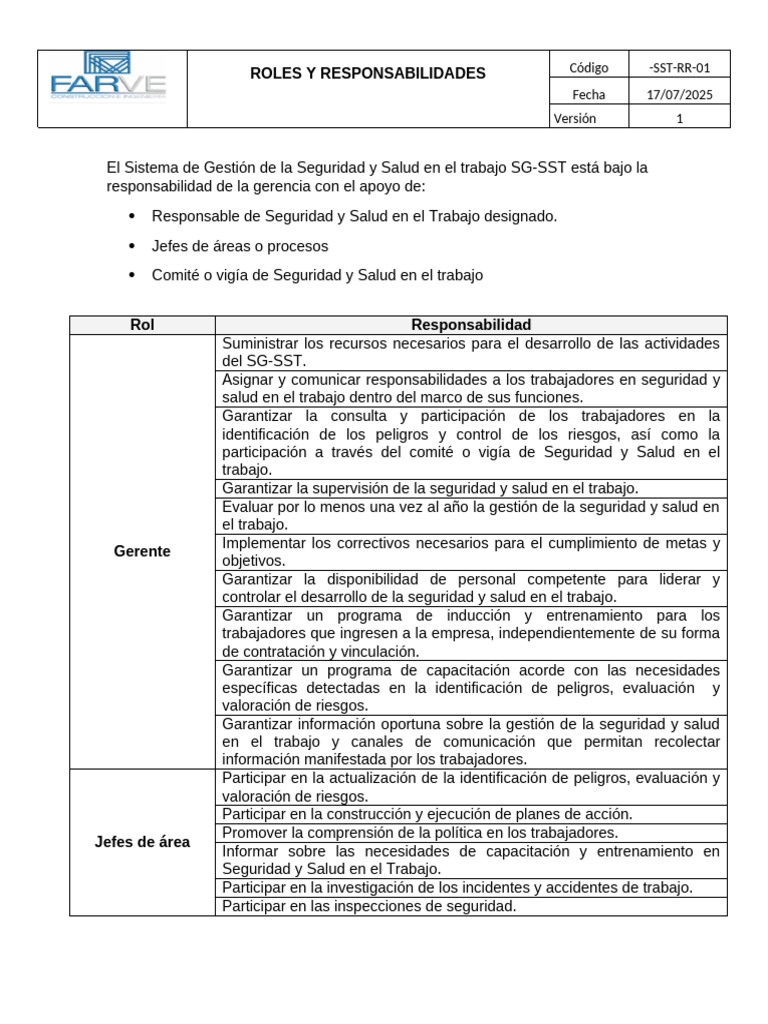 Roles en el Sistema de Gestión SG-SST | PDF | Valores | Business