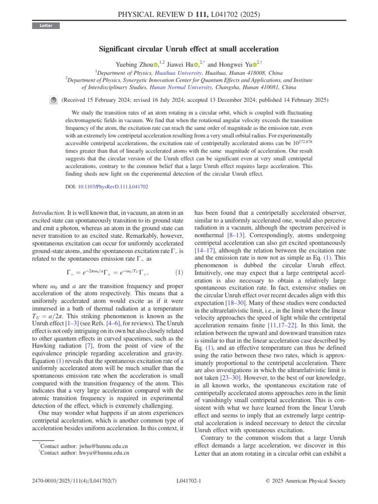 Circular Unruh Effect at Low Acceleration | PDF | Acceleration | Atoms