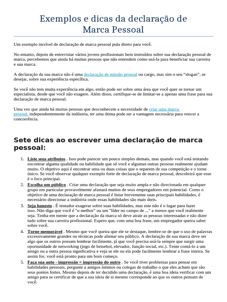 Exemplos e Dicas Da Declara C3 A7 C3 A3o de Marca Pessoal | PDF | Tempo ...