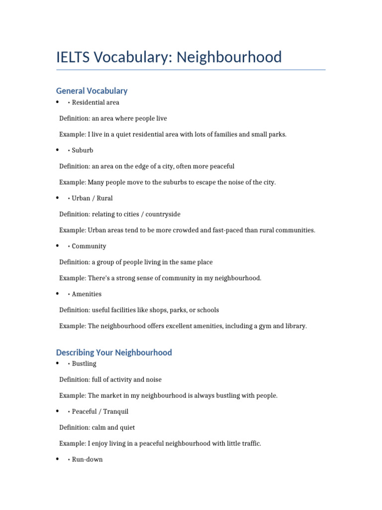 IELTS Vocabulary: Neighbourhood Terms | PDF | Neighbourhood | Urban ...