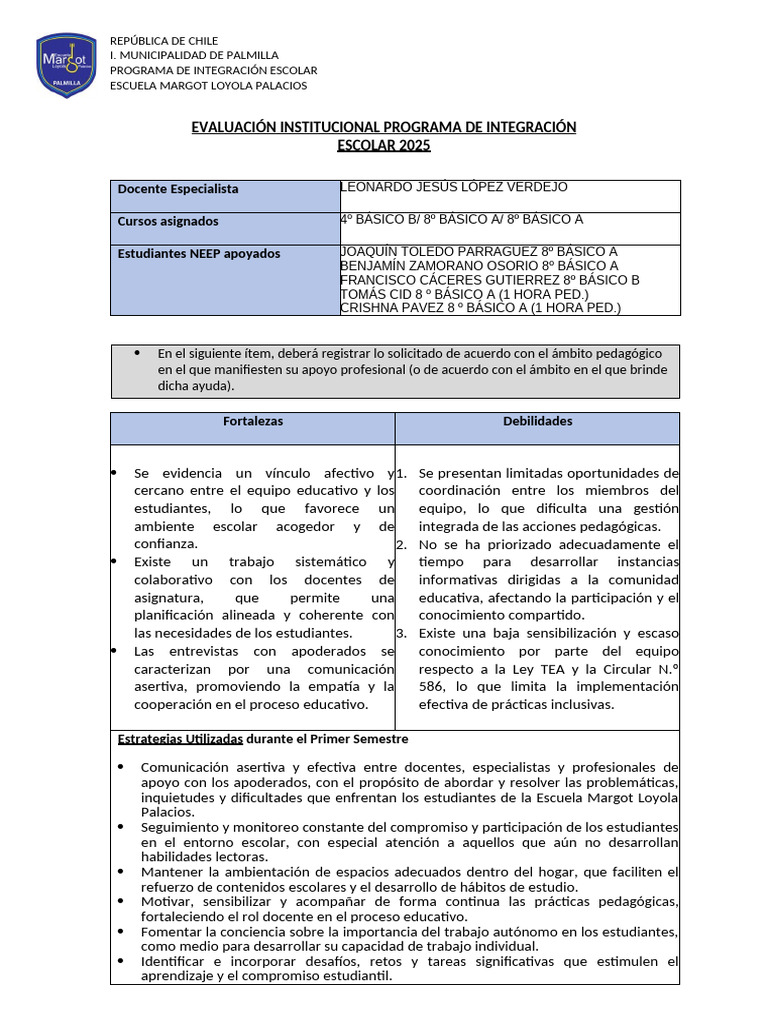Evaluación Programa de Integración Escolar 2025 | PDF | Aprendizaje ...