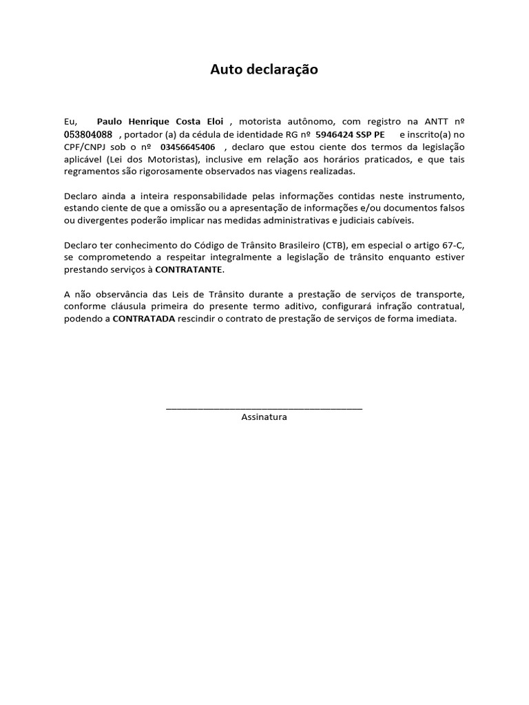 Auto Declaração de Motorista Autônomo | PDF