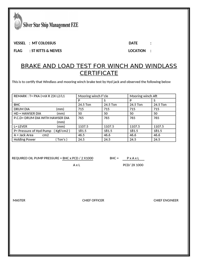 Windlass Brake Test Certificate | PDF