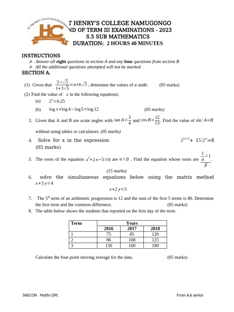 S.5 Sub Mathematics Exam 2023 | PDF | Breads | Random Variable