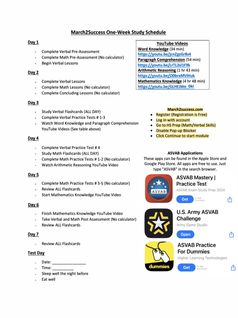 7 Day ASVAB Study Plan | PDF | Mathematics