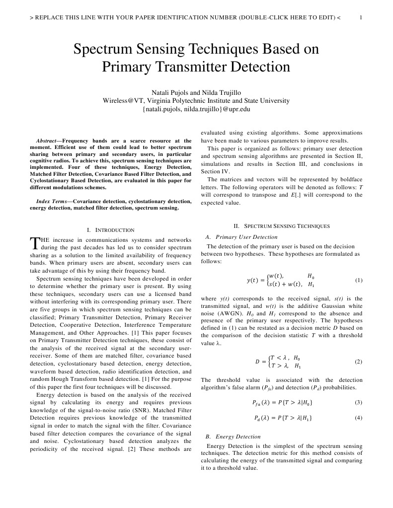 Spectrum Sensing Techniques Evaluation | PDF | Signal To Noise Ratio ...