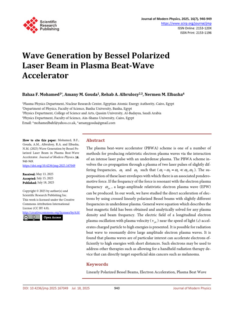 Bessel Beam Wave Generation in Plasma | PDF | Particle Accelerator ...