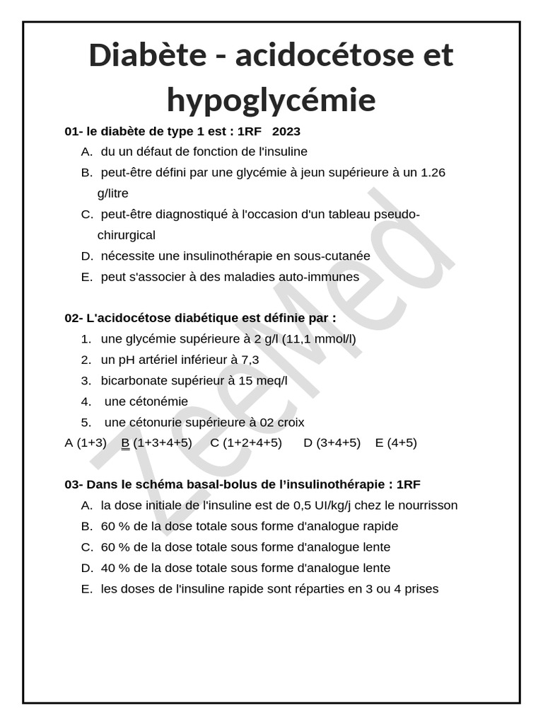 QCM sur le diabète de type 1 | PDF | Hémoglobine glyquée | Hypoglycémie