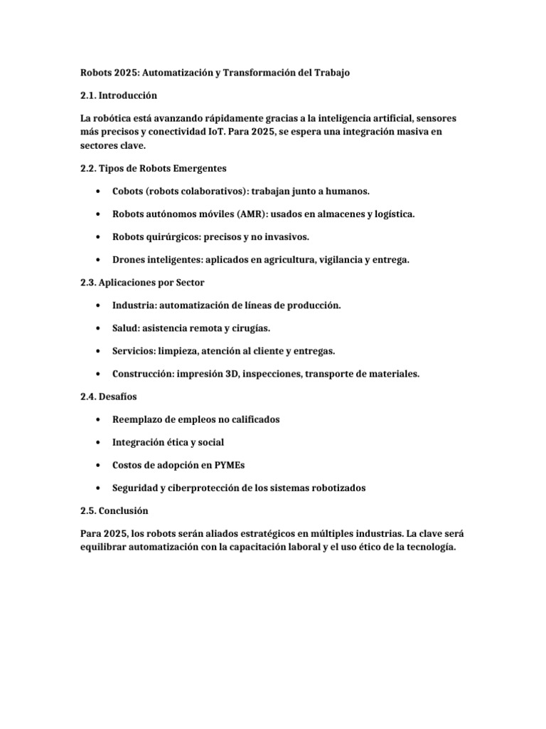 Robots 2025: Transformación Laboral y Retos | PDF