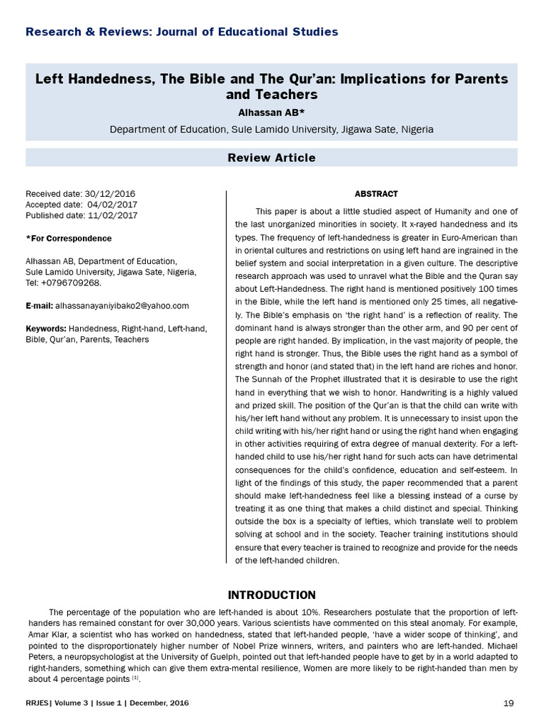 Left-Handedness in the Qur'an and Bible | PDF | Handedness