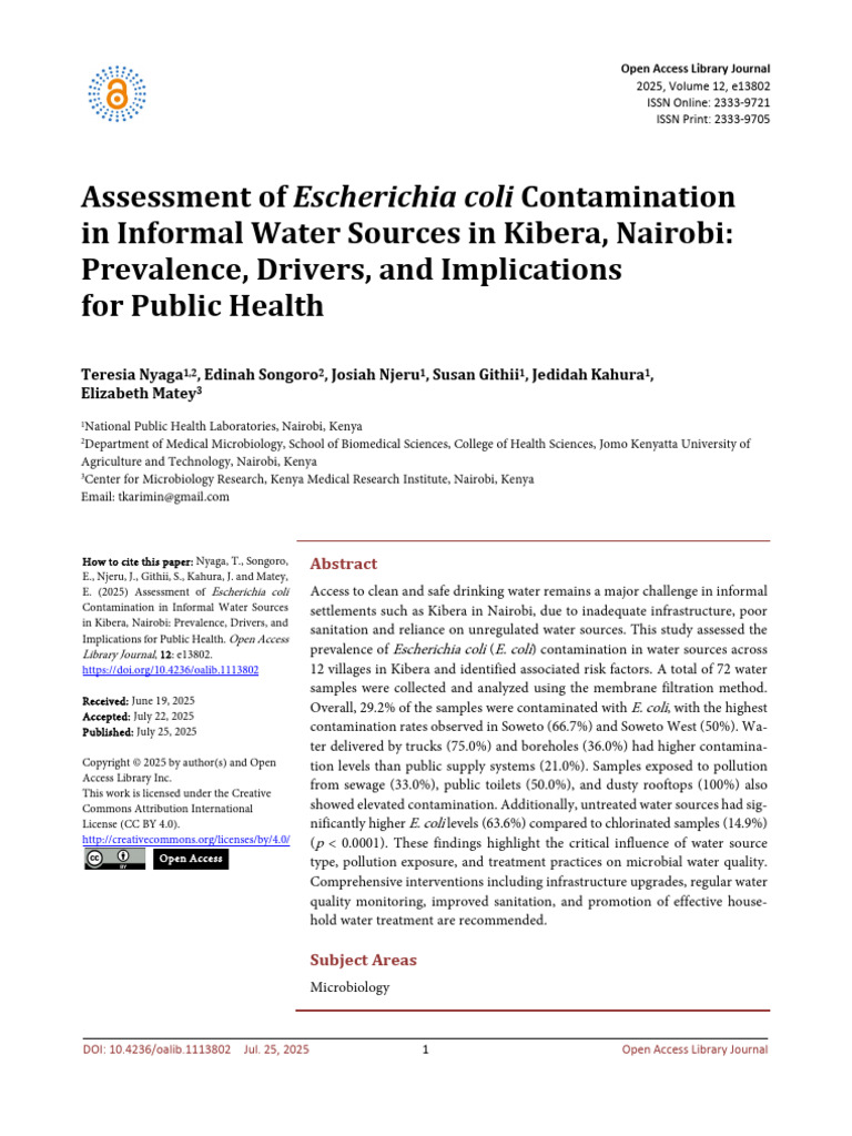 E. coli Contamination in Kibera Water Sources | PDF | Escherichia Coli ...