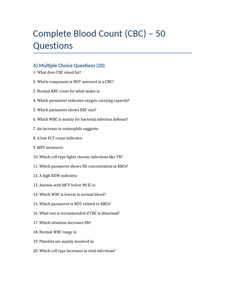 CBC Test: 50 Questions & Answers | PDF