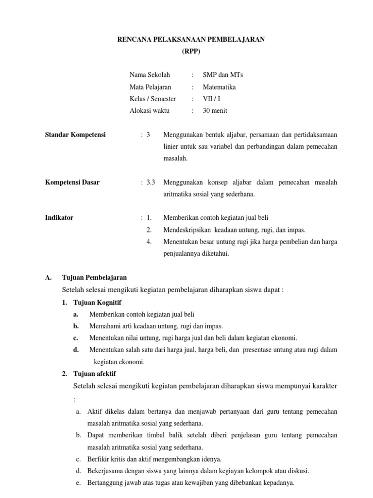 Rpp Aritmatika Sosial