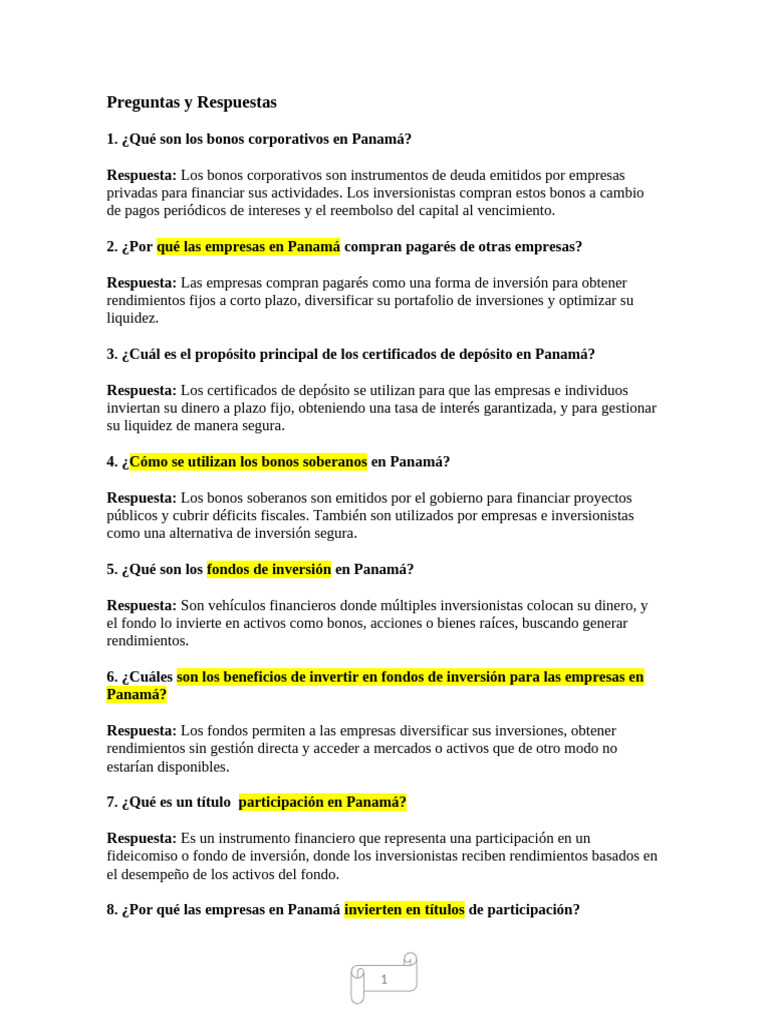 Cuestionario Valores Neg Panama | PDF | Bancos | Inversiones