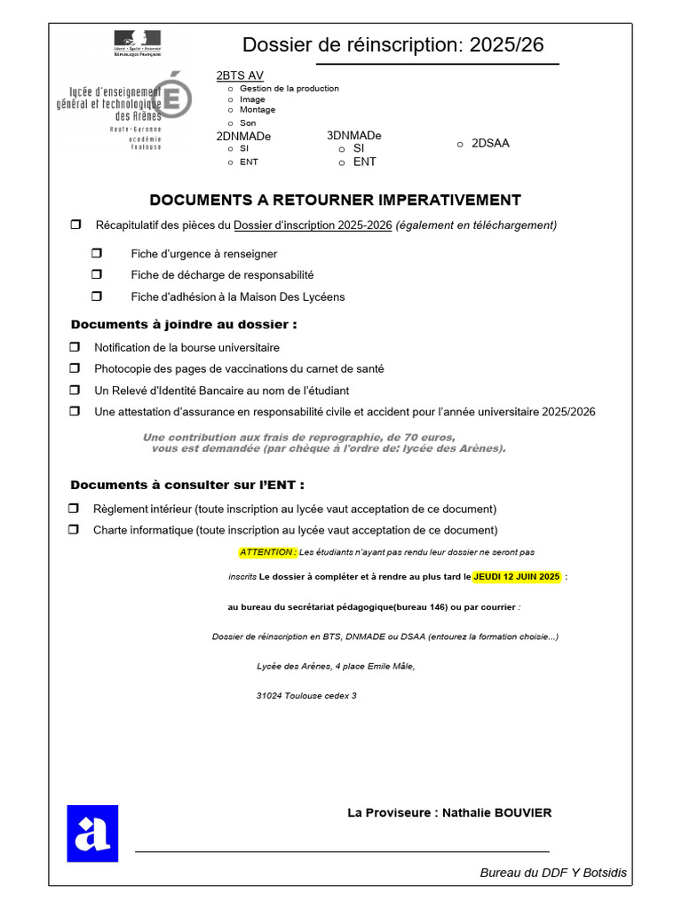 Dossier de réinscription 2025/26 BTS et DNMADE | PDF