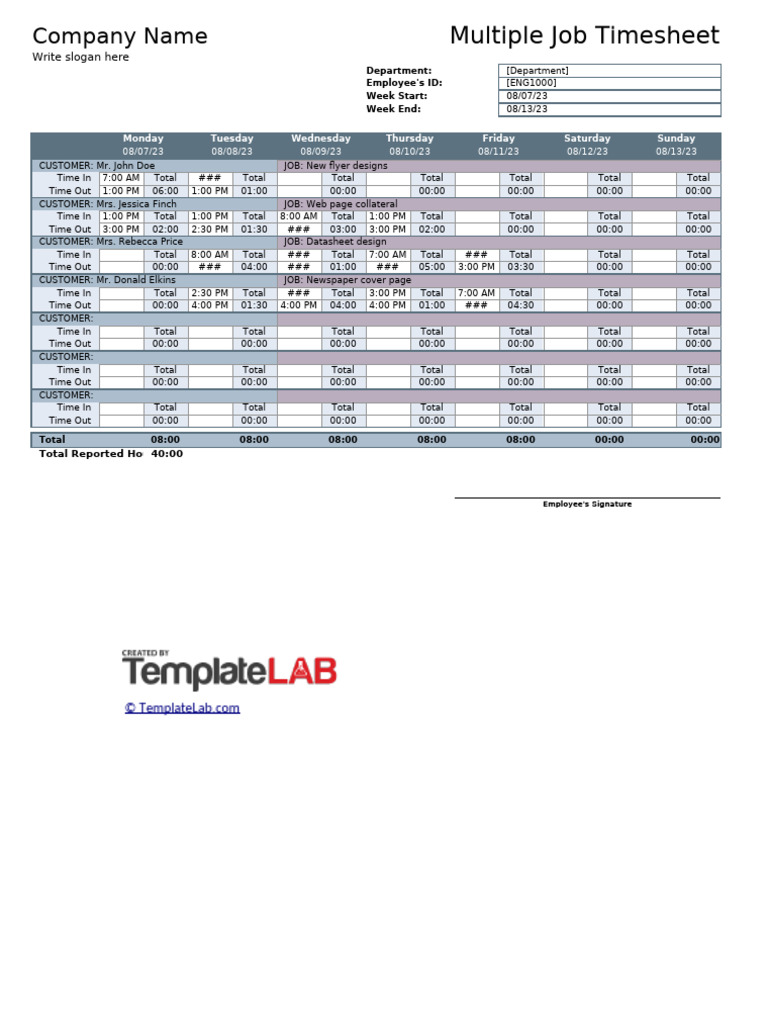 Company Name: Multiple Job Timesheet | PDF