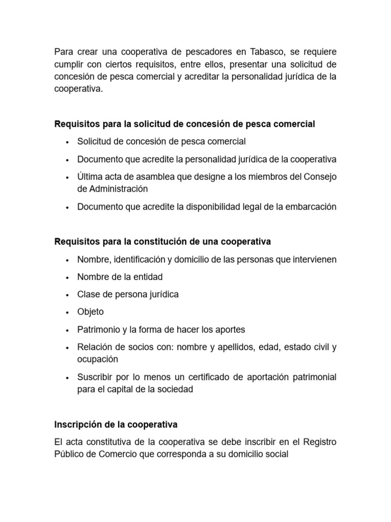 Requisitos para Cooperativa de Pescadores en Tabasco | PDF