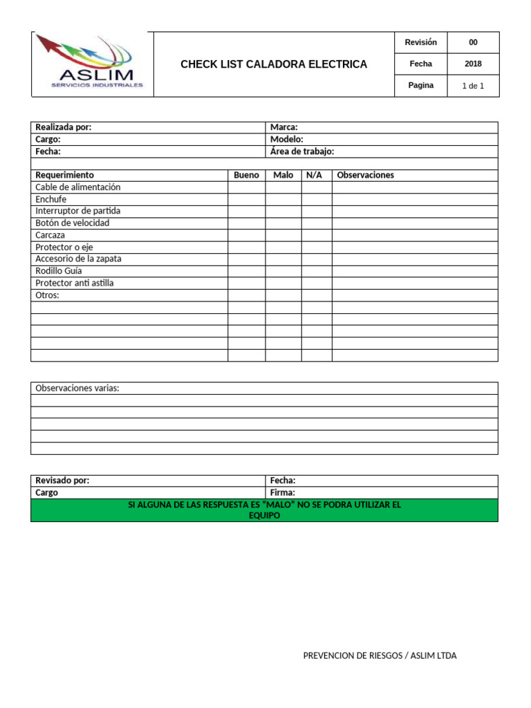 Checklist de Revisión Caladora Eléctrica | PDF
