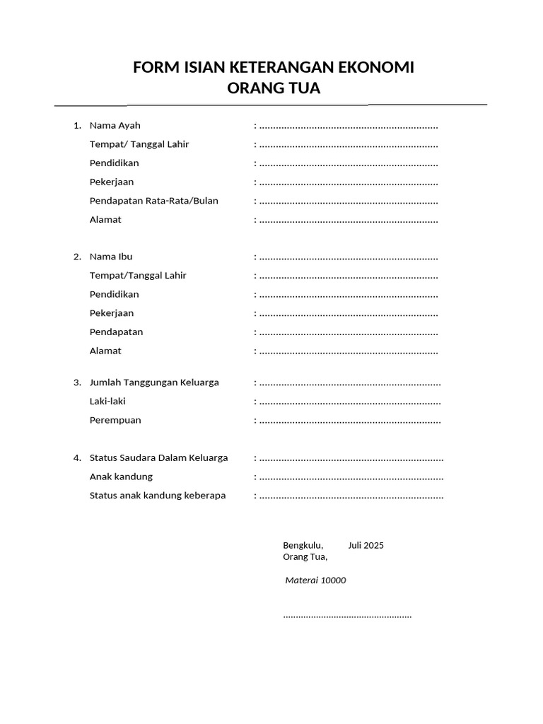 Form Isian Keterangan Ekonomi 2025 | PDF