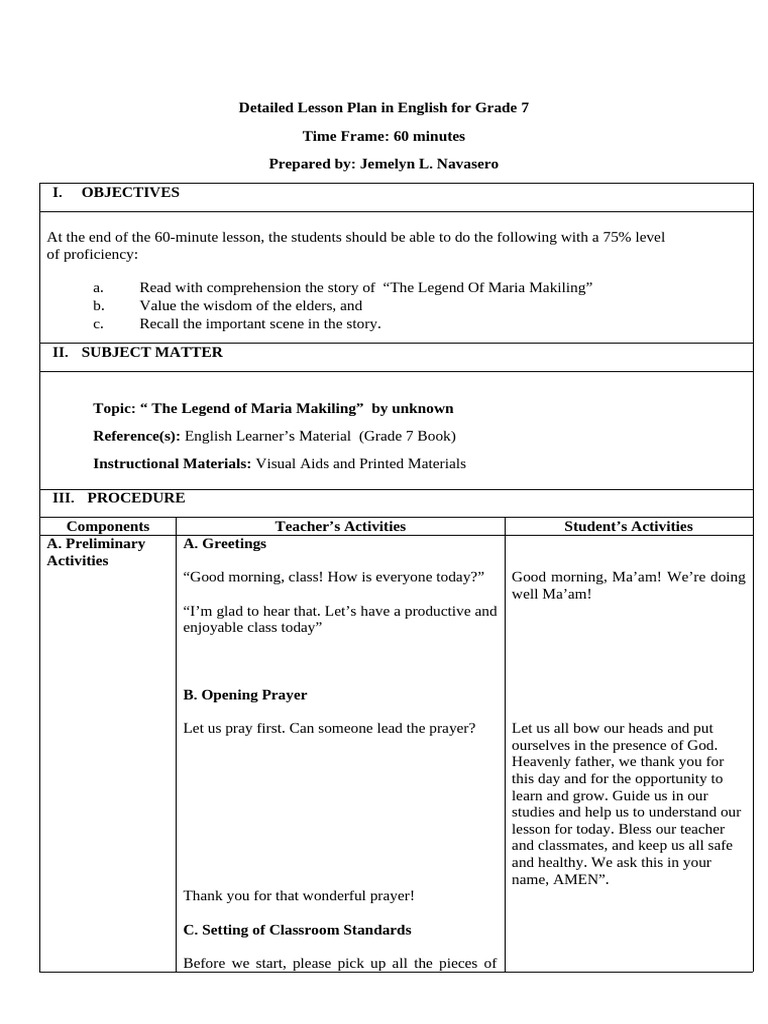Lesson Plan: The Legend of Maria Makiling | PDF | Lesson Plan