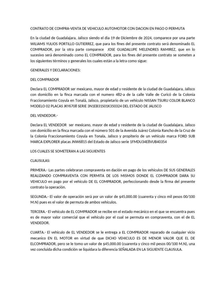 Contrato de Compra - Venta Vehiculo Willy | PDF