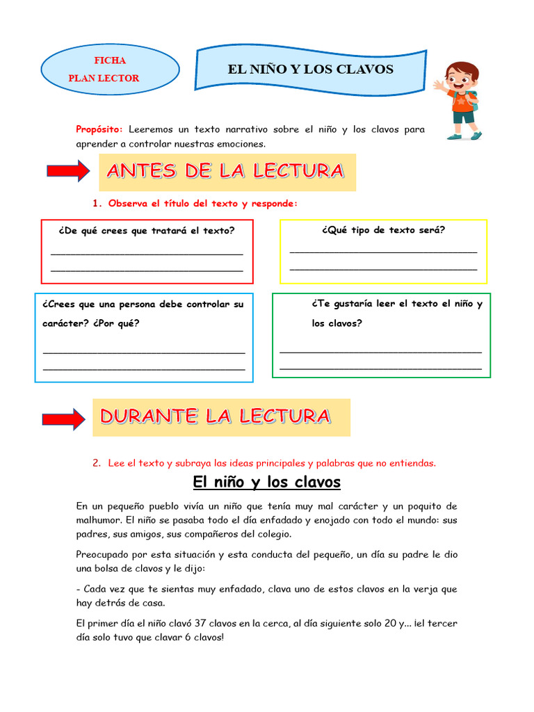 Ficha Plan Lector Vier 20 Niño y Los Clavos 933623393 Prof Yessenia | PDF