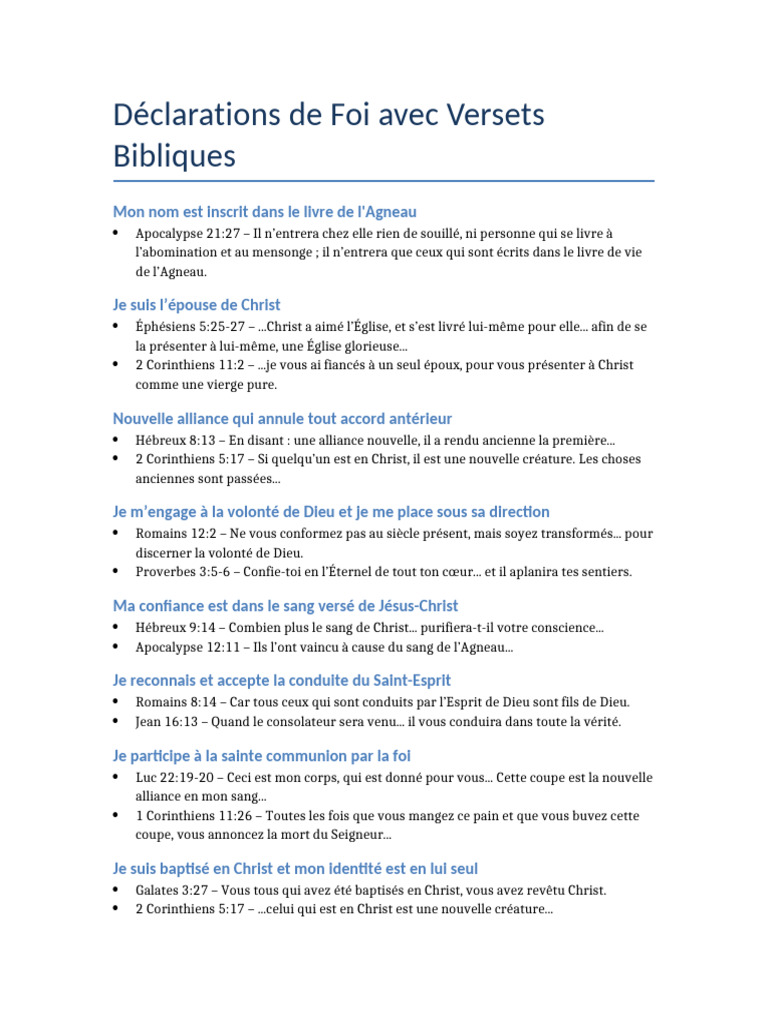 Déclarations de Foi et Versets Bibliques | PDF