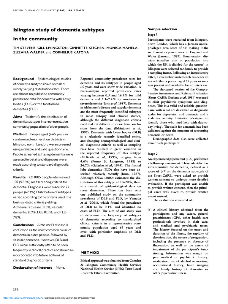 Div Class Title Islington Study of Dementia Subtypes in The Community ...