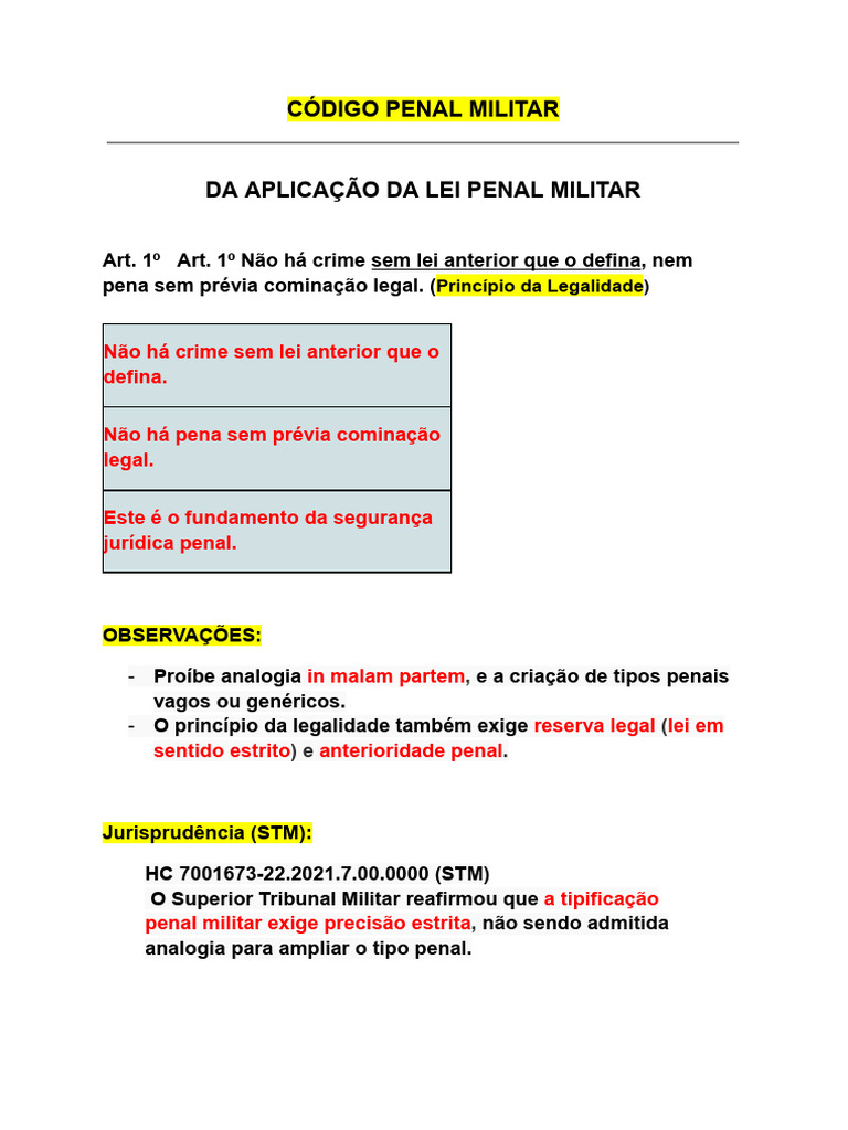 Princípios da Lei Penal Militar e Jurisprudência | PDF | Crimes | Crime ...
