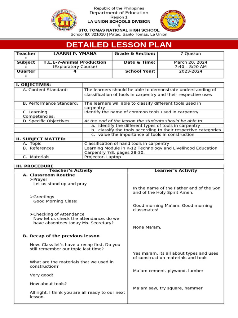 Carpentry Tools Lesson Plan for Grade 7 | PDF | Lesson Plan | Learning