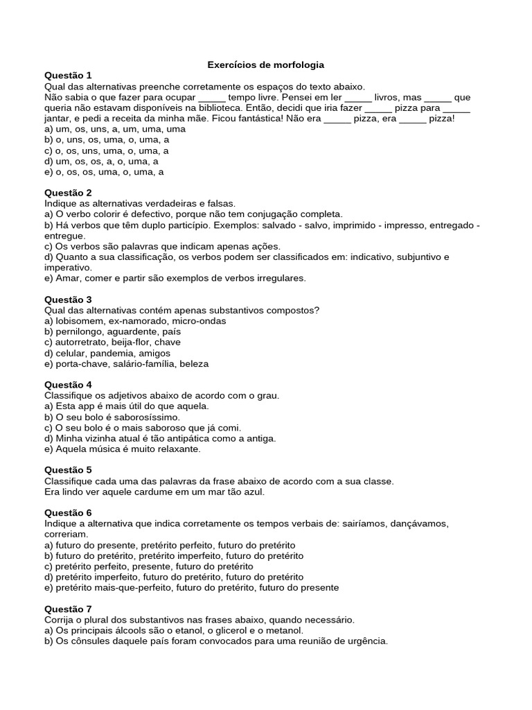 Exercícios de Morfologia e Gramática | PDF | Famílias linguísticas ...