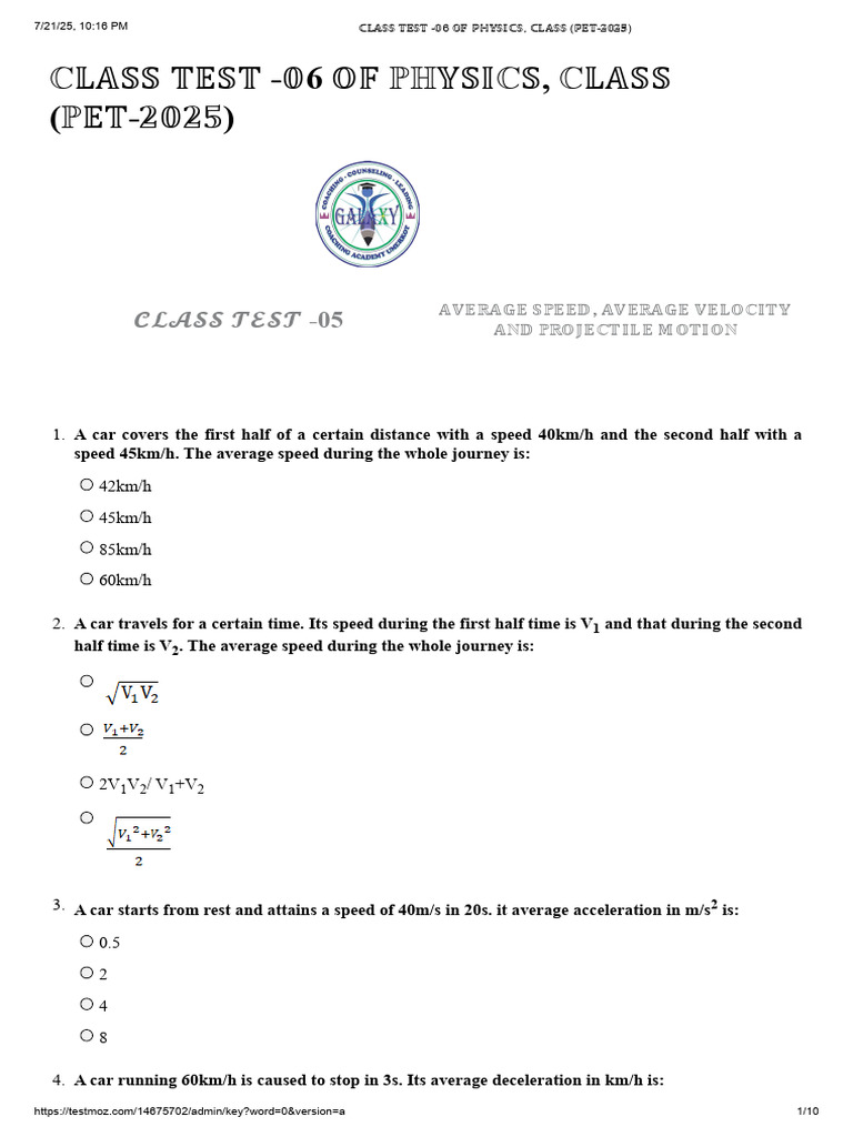 Physics Class Test on Motion Concepts | PDF | Acceleration | Velocity