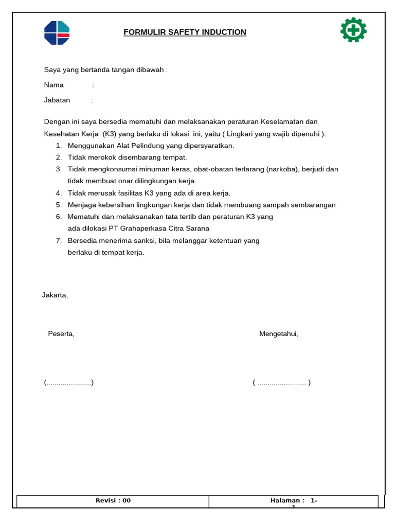 Formulir Induksi Keselamatan K3 | PDF