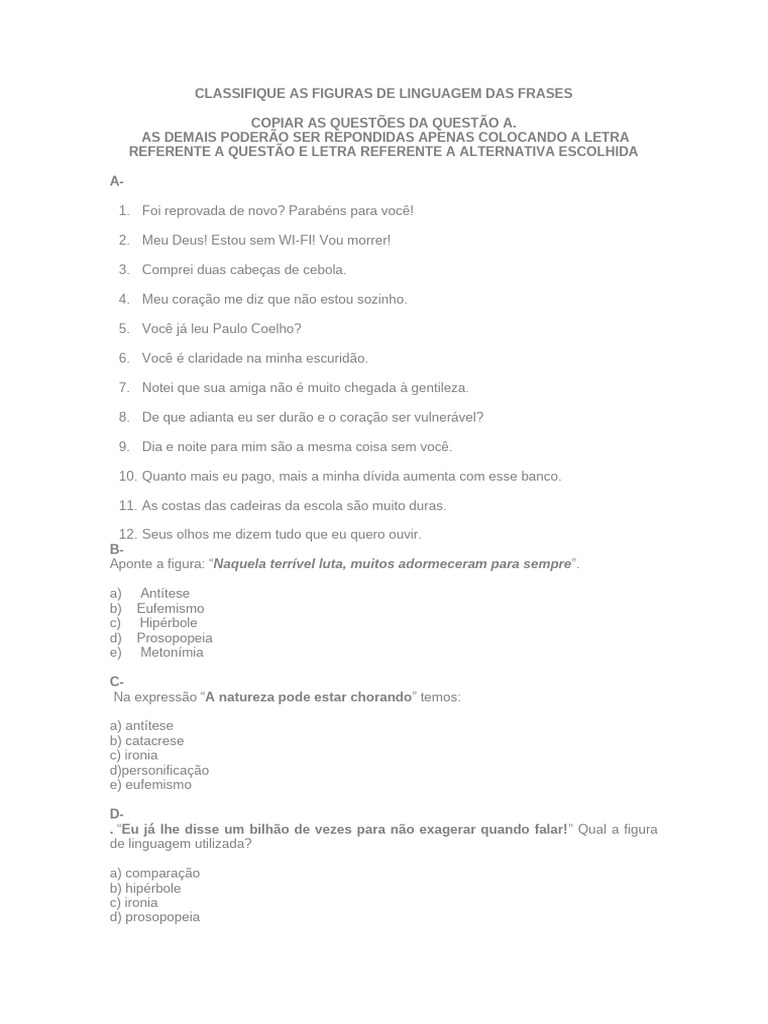Classifique As Figuras de Linguagem Das Frases | PDF | Metáfora