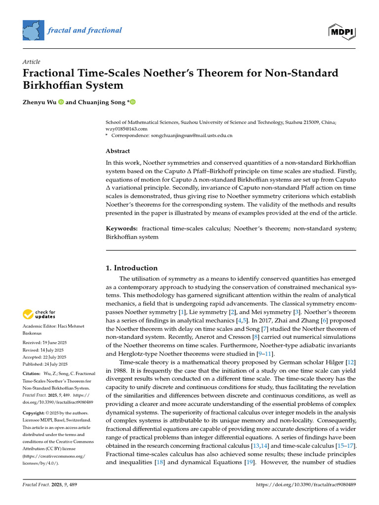 Fractional Noether's Theorem in Birkhoffian Systems | PDF | Exponential ...