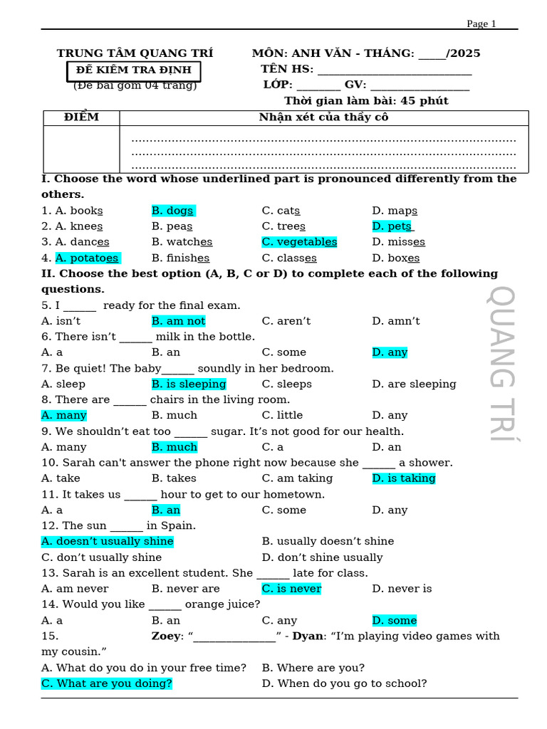 De Kiem Tra Dinh Ky Lop 7 t6 Key | PDF