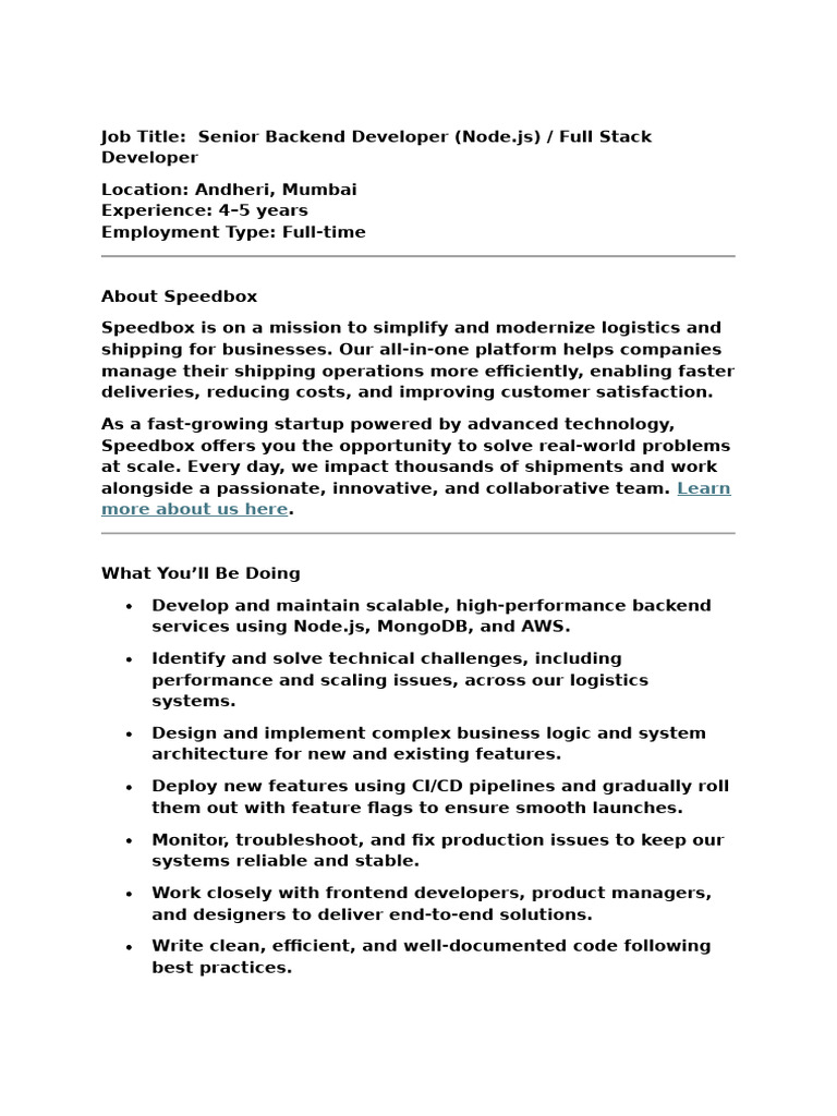 Senior Back End Developer JD | PDF | Sales | Amazon Web Services