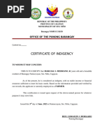 Barangay Certification of Indigency Sample | PDF