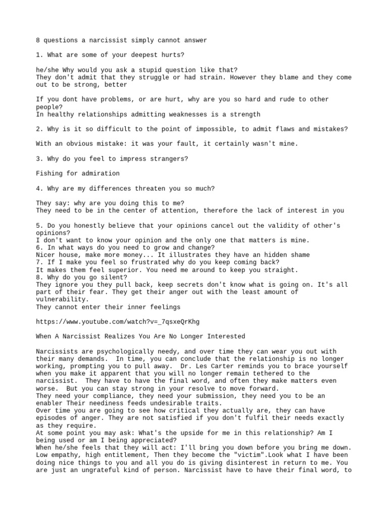 8 Unanswerable Questions for Narcissists | PDF | Narcissism | Anger