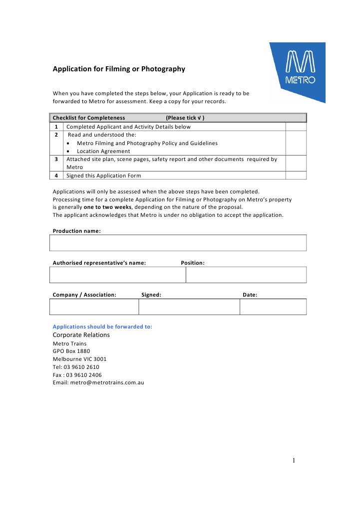 Application For Filming or Photography: Checklist For Completeness ...